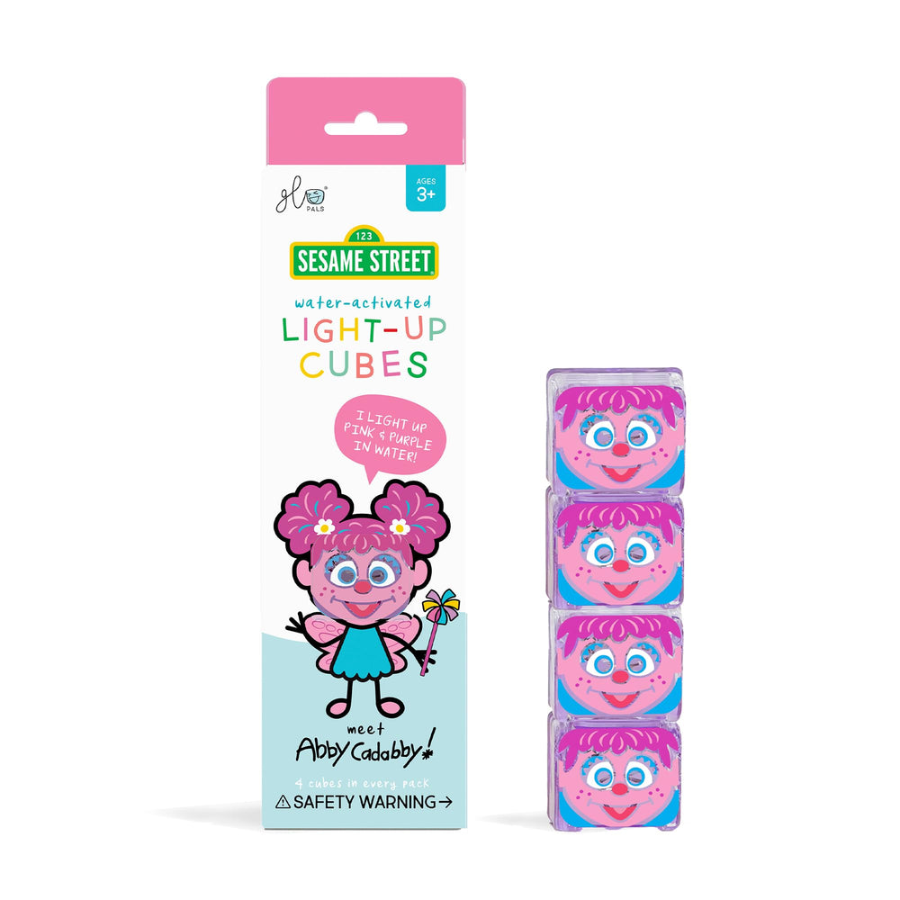 Glo Pals Abby Cadabby light-up cubes illuminate bath time for sensory play.