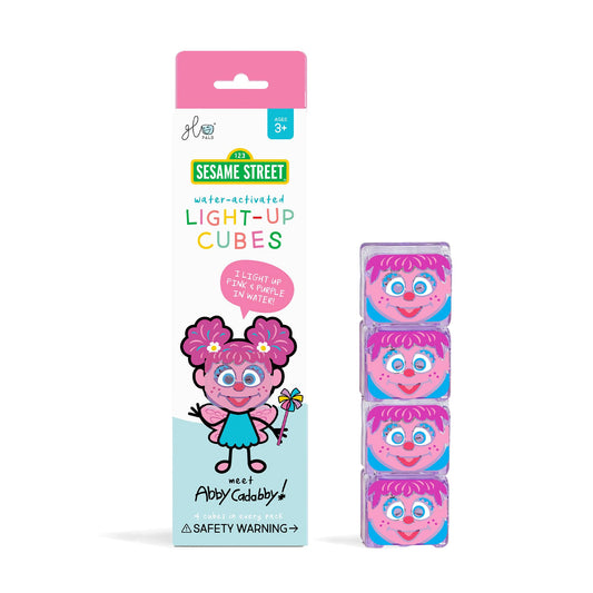 Glo Pals Abby Cadabby light-up cubes illuminate bath time for sensory play.