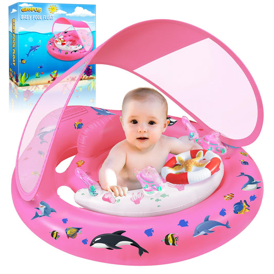 GLOPUS baby pool float with canopy provides UPF50+ sun protection for gentle outdoor swims.