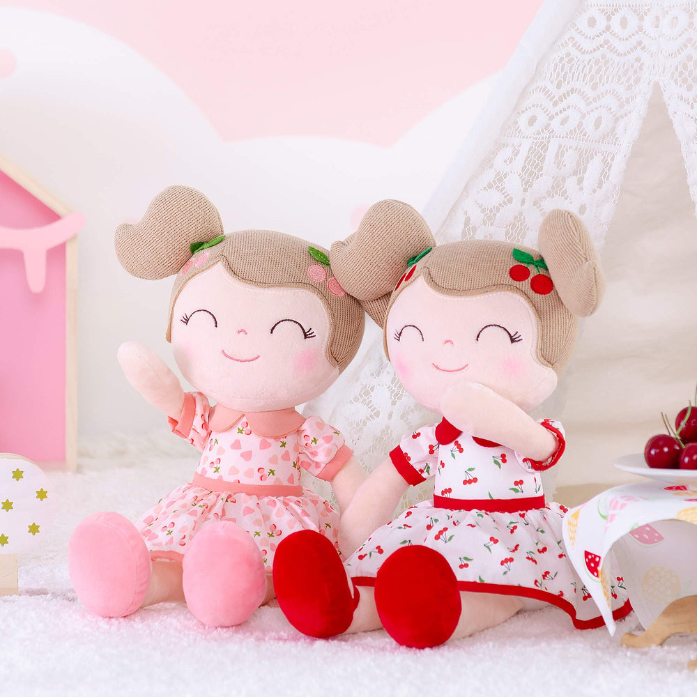 Gloveleya cherry red doll on a shelf adds cheerful nursery decor