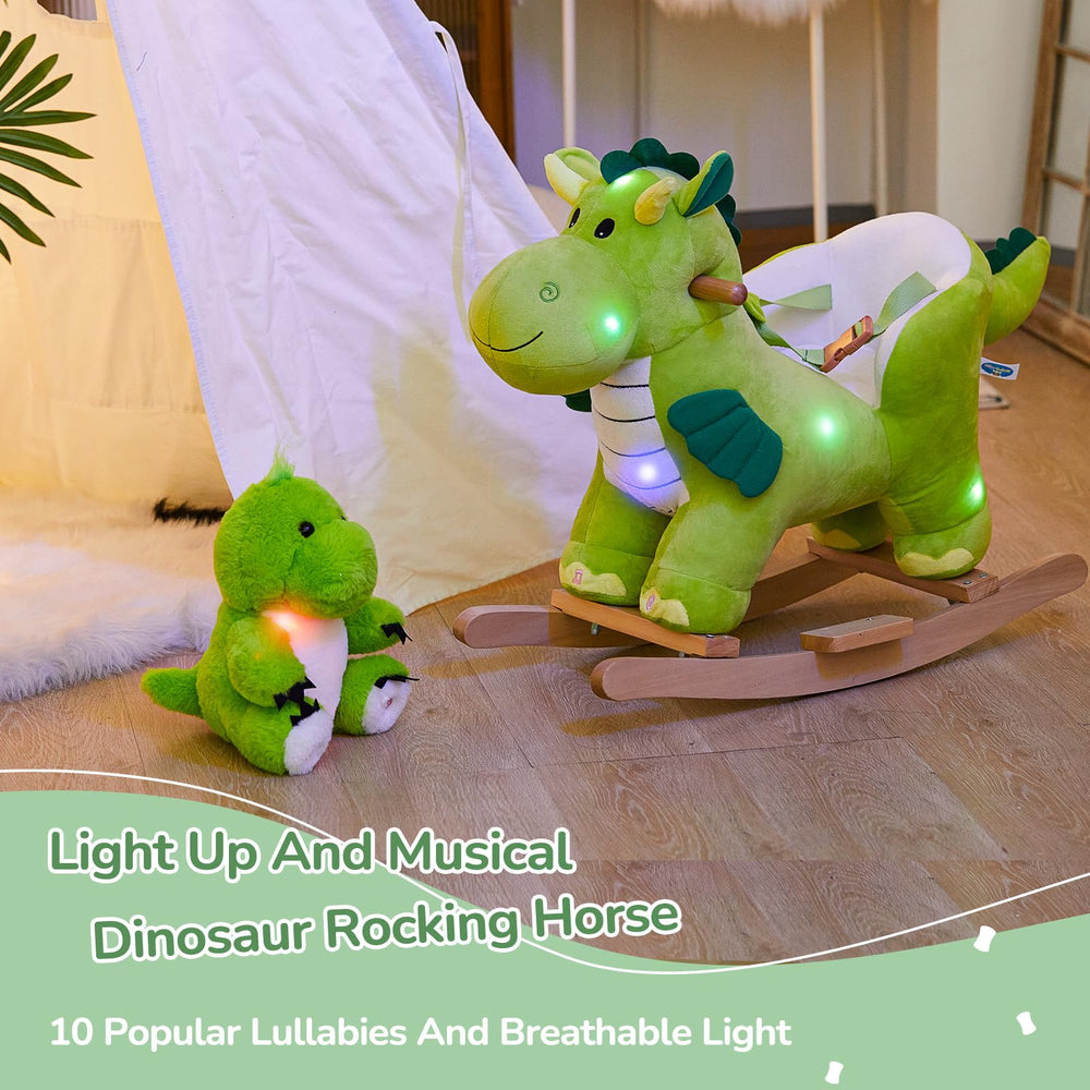 Glow Guards dinosaur rocking horse light show highlights colorful LEDs.
