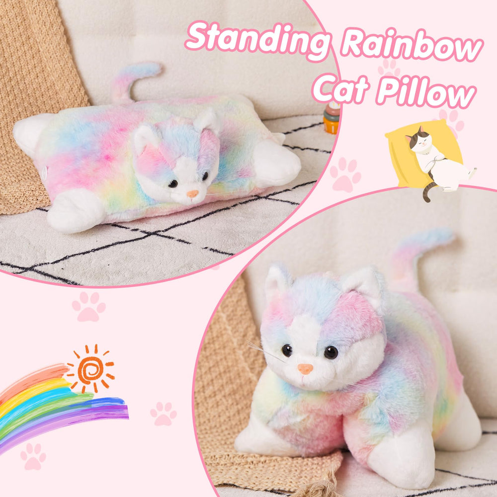Glow Guards rainbow cat pillow unfolds into a comfy headrest.