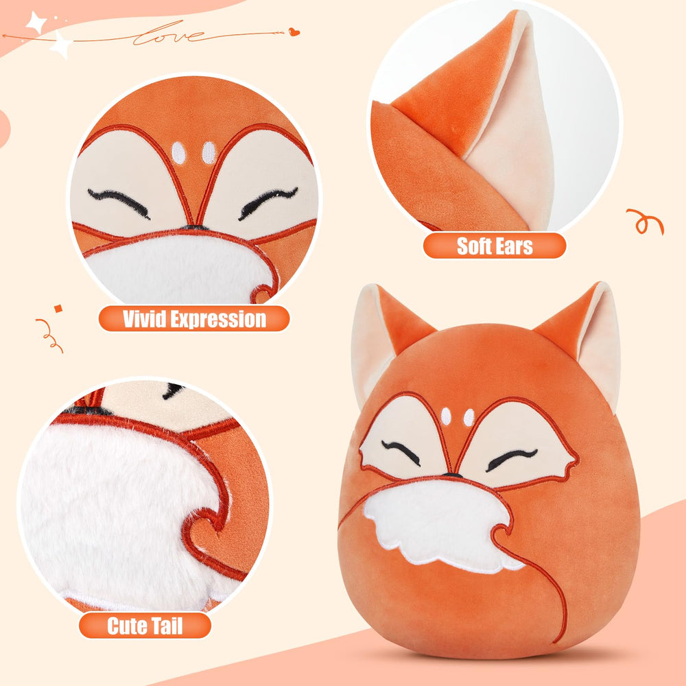 Glow Guards red fox plush pillow in car for travel comfort.