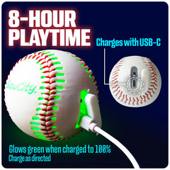 GlowCity LED baseball with charging indicator for quick recharging.