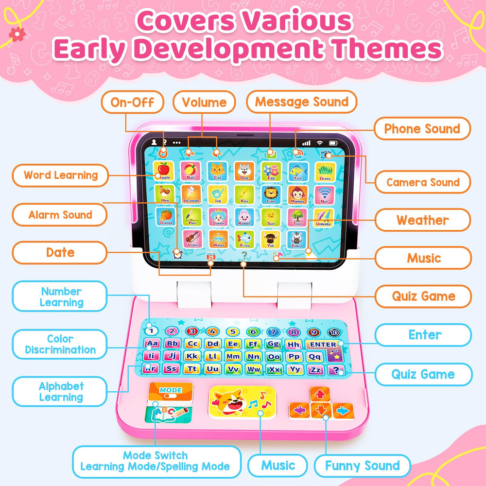 GMAOPHY learning laptop with interactive modes for spelling, quizzes, and memory