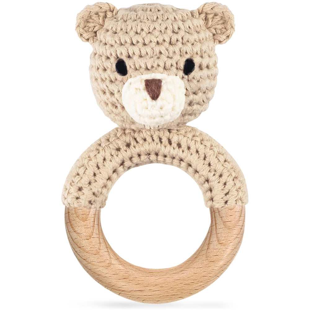 Gnigpclo crochet bear rattle in soft beige, a gentle sensory toy for newborns