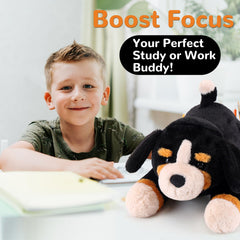 Gnomantic Bernese Mountain Dog weighted plush lounging on a sofa for relaxation.