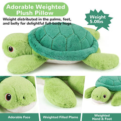 gnomantic turtle weighted plush bedtime snuggle scene on bed