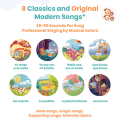 GO GO Spanish Musical Book Vol. 2 pages open showing colorful scenes for learning.