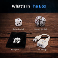 GoDice D20 packaging box shown as a gift-ready premium RPG accessory
