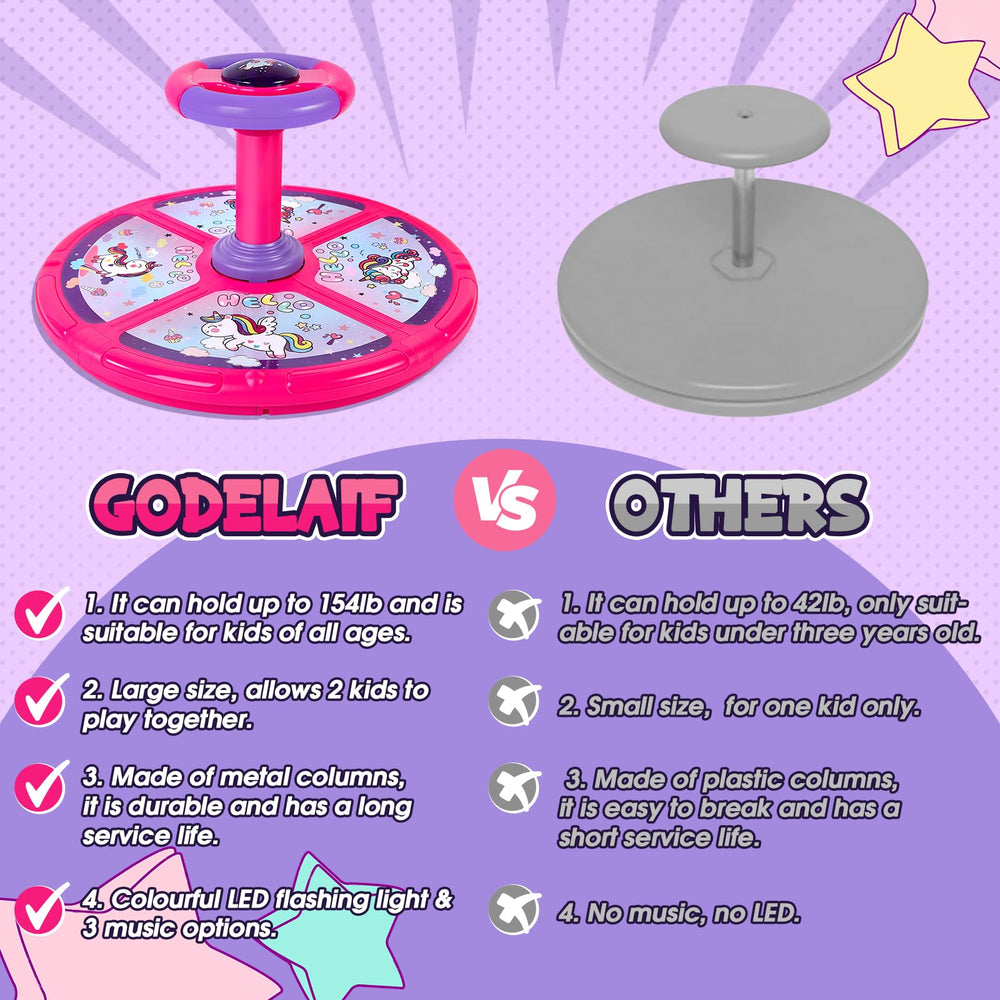 GODELAIF Unicorn Sit and Spin LED lights provide colorful sensory cues.