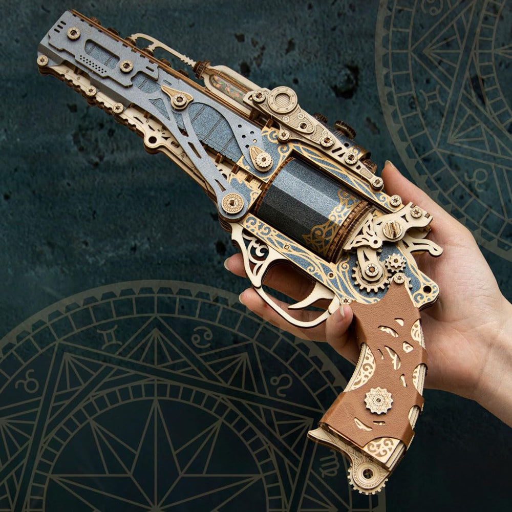 Goekhyrani revolver 3D puzzle assembly parts laid out for precise construction