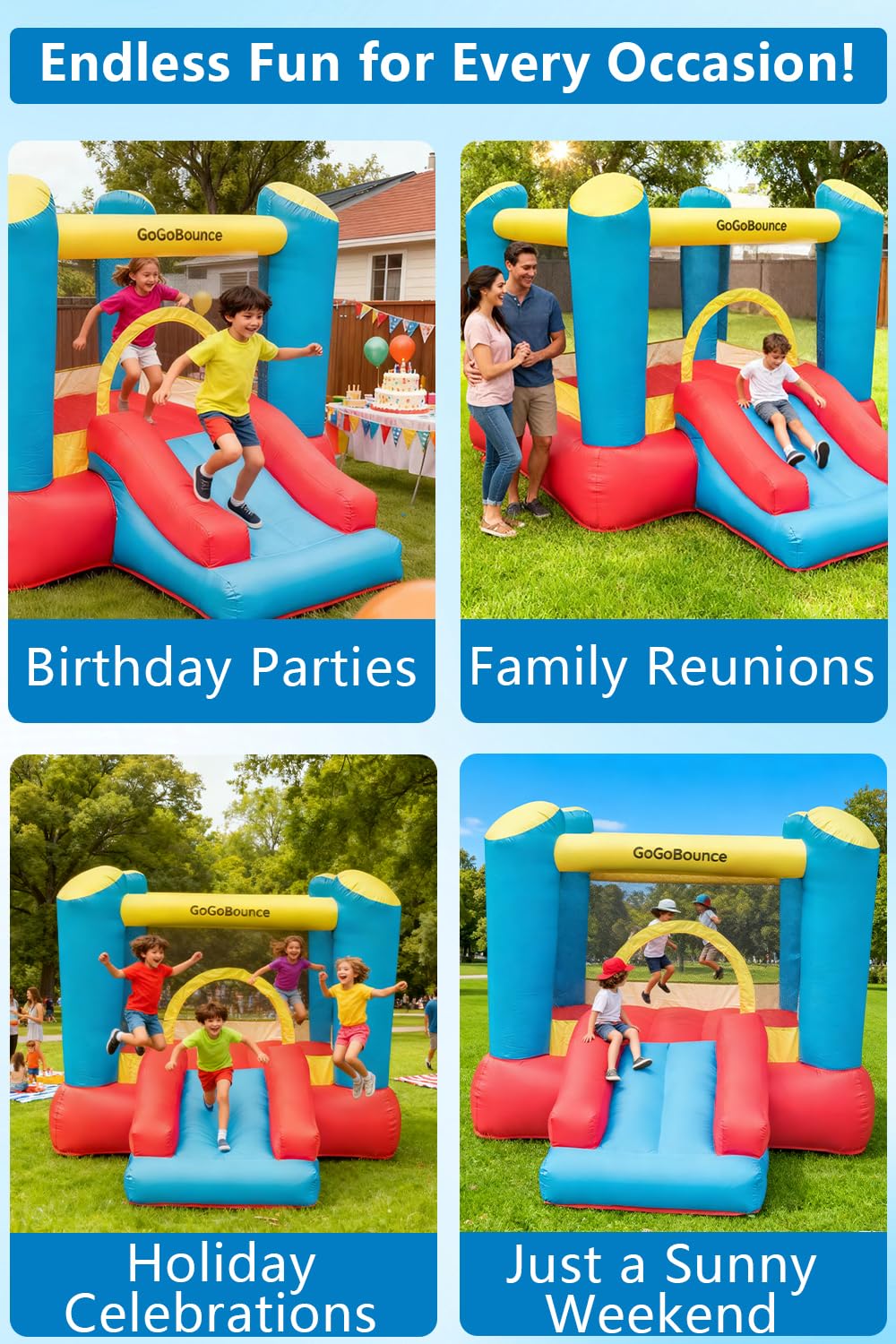 GoGoBounce integrated slide for active play and safe descents