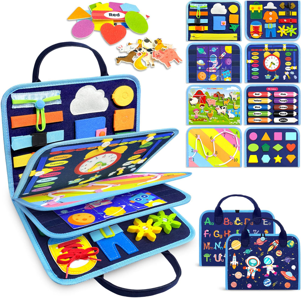 Gojmzo Busy Board 8-pages boosts fine motor skills through diverse activities.