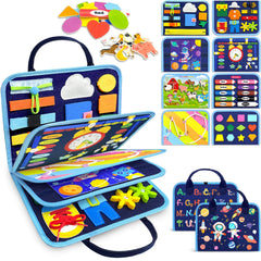 Gojmzo Busy Board 8-pages boosts fine motor skills through diverse activities.