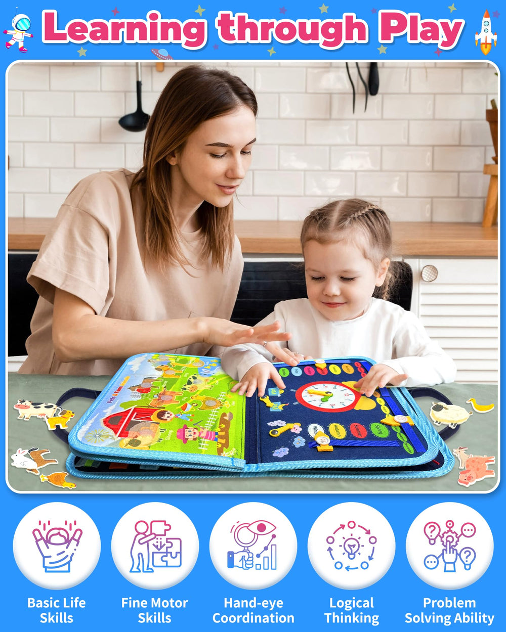 Gojmzo Busy Board clock and calendar activities encourage routine recognition.
