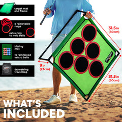 Golf Pong target stand with movable targets for competitive rounds.