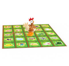 Goliath bingo board with chicken illustrates the playful setup for families.