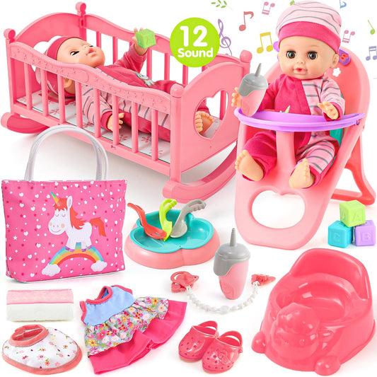 Golray 12in girl doll cradle close-up shows sturdy, kid-friendly nursery setup