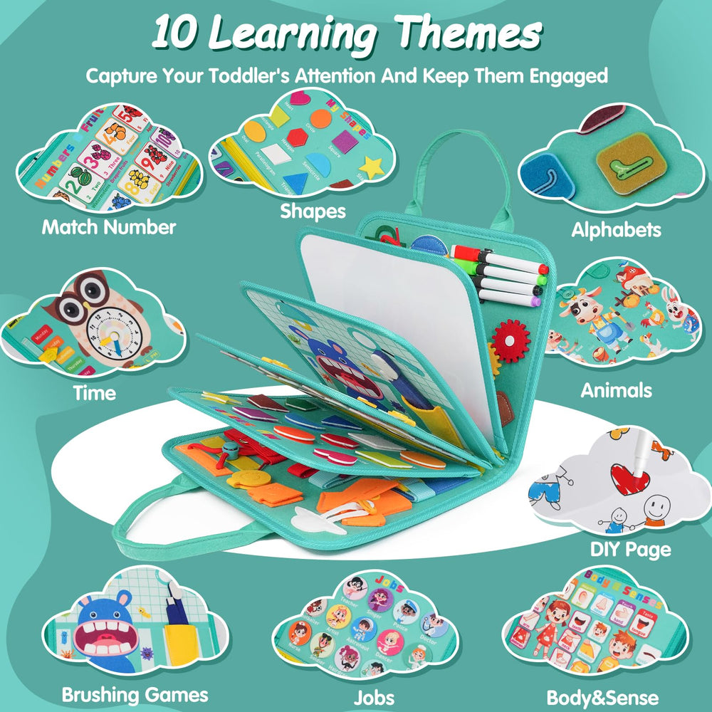 Goobaetoy Busy Board highlights alphabets and numbers for early learning exploration