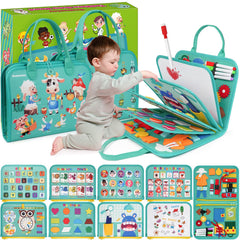Goobaetoy Montessori Busy Board cyan cover displays 32 activities for fine motor practice