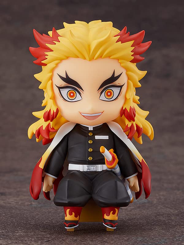 Good Smile Kyojuro Rengoku Swacchao chair side view reveals detailed figure on a shelf.