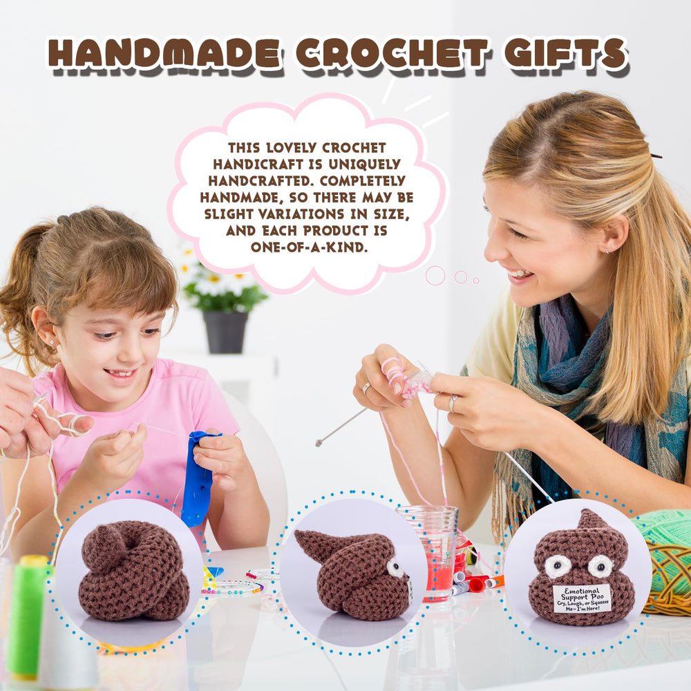 GOODLYSPORTS Crochet poop plush on couch as a playful adult gag gift.