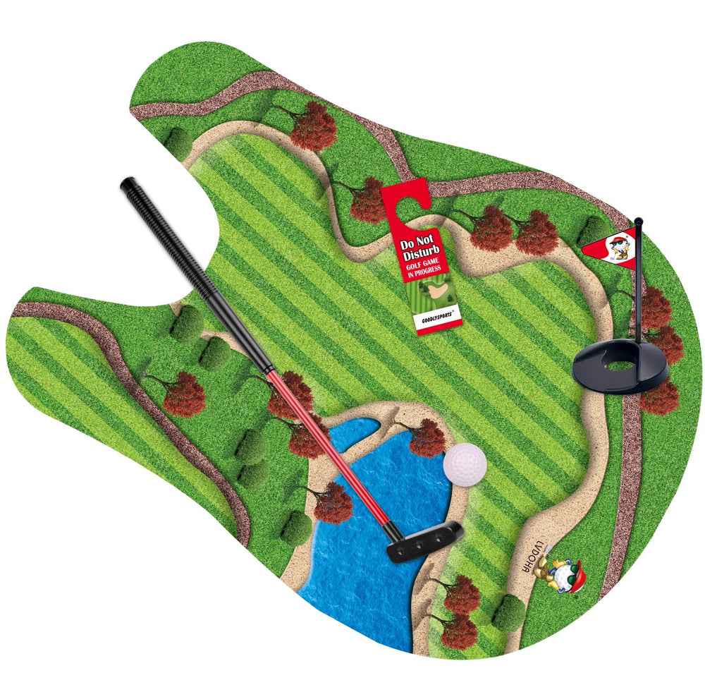GOODLYSPORTS Toilet Golf mini-green setup enables easy in-bathroom play during breaks.