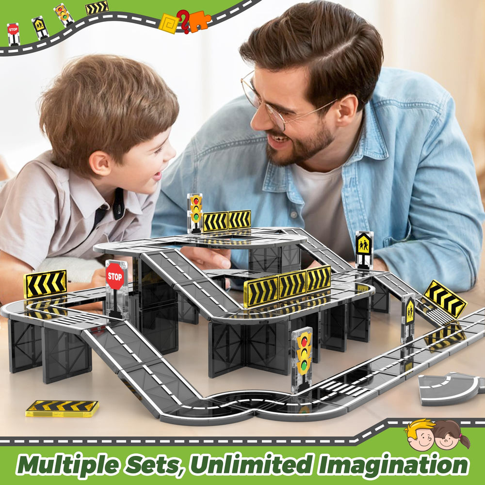 Goodtiles compatible magnetic tiles mix with other sets for expanded play.