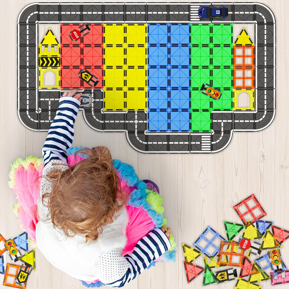 Goodtiles Magnetic Tiles Road Set color tiles spark creative play and color recognition.