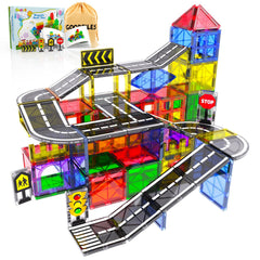 Goodtiles Magnetic Tiles Road Set shows an intersection layout for imaginative traffic planning.