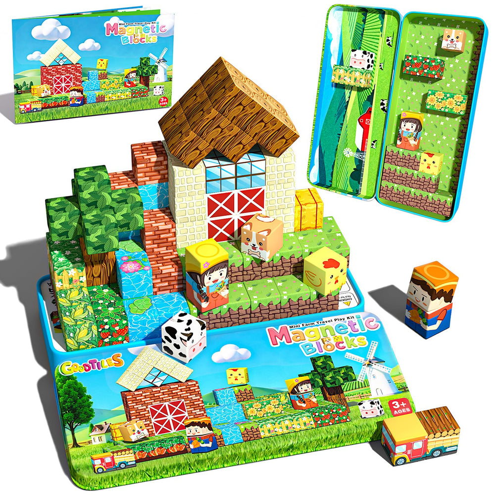 Goodtiles mini magnetic blocks with farm patterns spark imaginative play and fine motor skills.