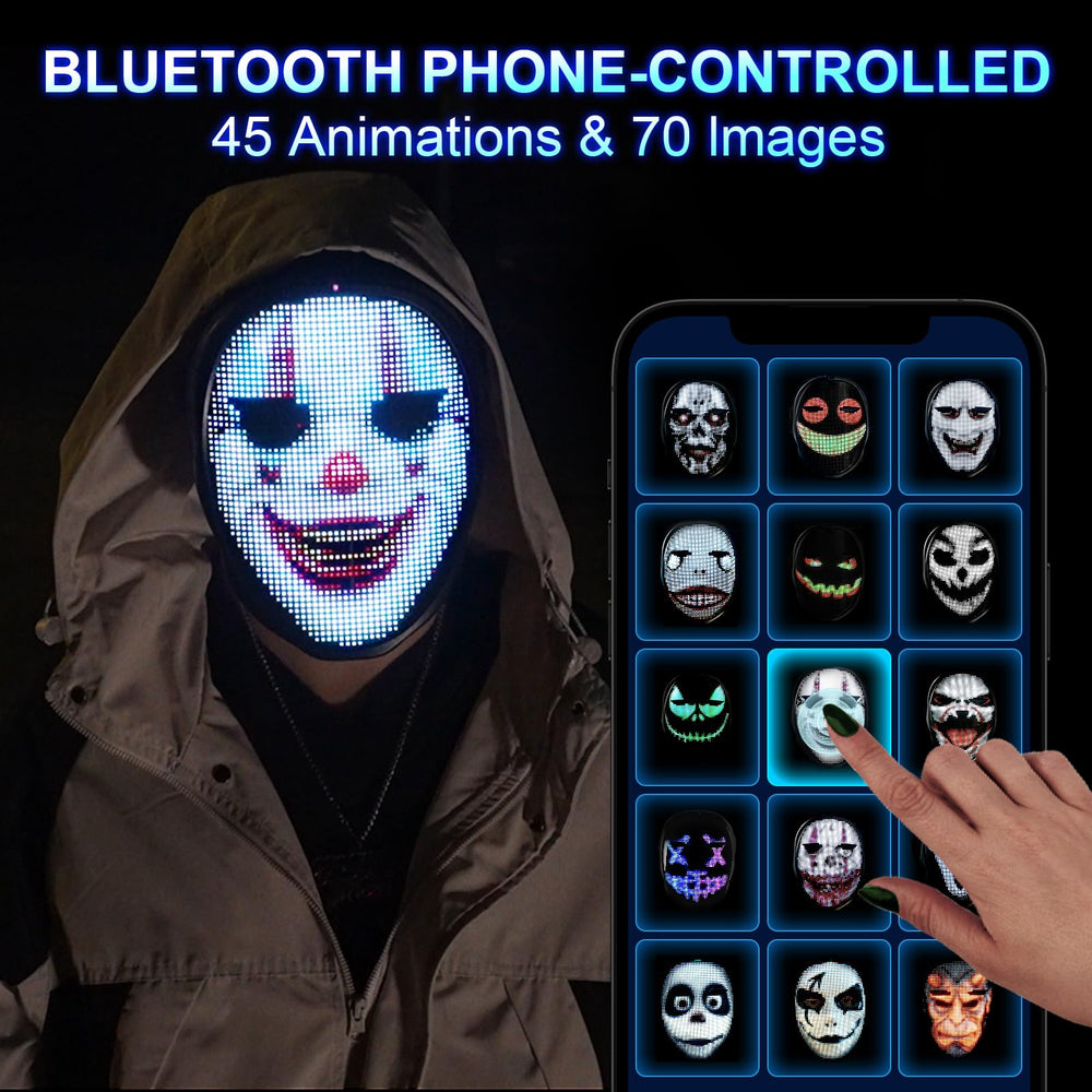Gootus LED mask with gesture sensing for hands-free morphing effects.