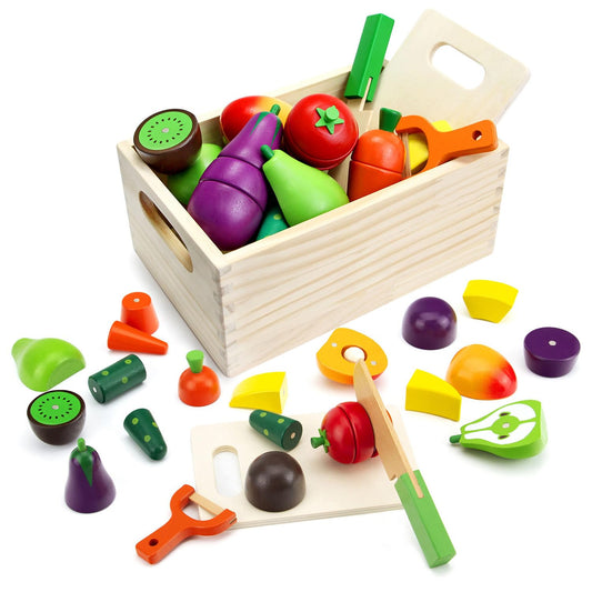 GOPLACS peach wooden play food for pretend kitchen, enhances fine motor skills.