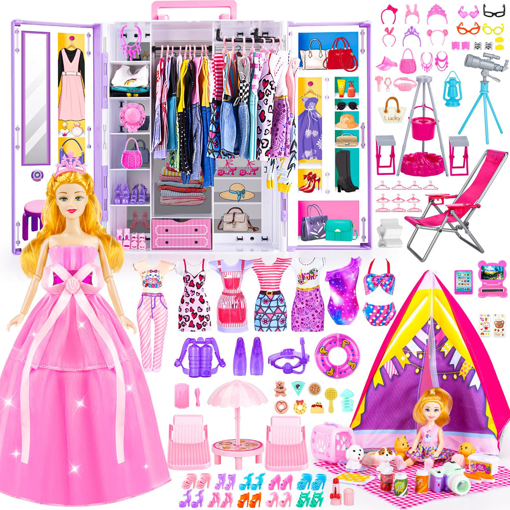 Gorispi doll closet with 11.5-inch doll shows organized storage for quick outfit changes.