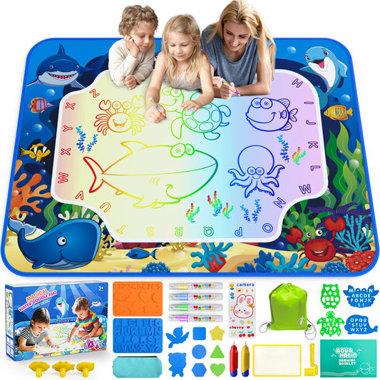 Gorispi Water Doodle Mat shows a large 40x32 inch drawing area for shared, mess-free drawing.