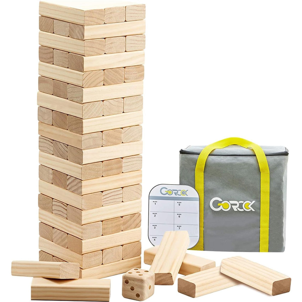 GOROCK Giant Tumble Tower blocks: smooth, durable pine for versatile indoor and outdoor play.