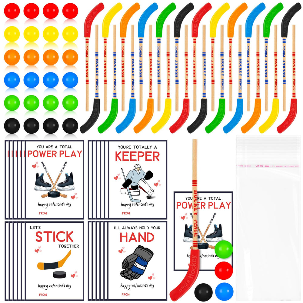 Gosodeny 24-set hockey stick pencils on display for classroom Valentine exchanges.