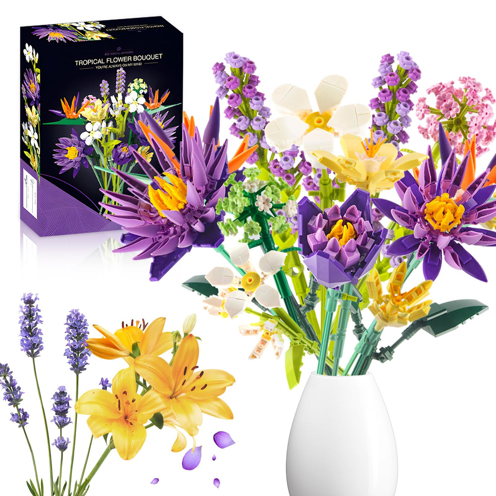 GoStock Flower Bouquet Building Set packaging shows vibrant colors for home decor inspiration