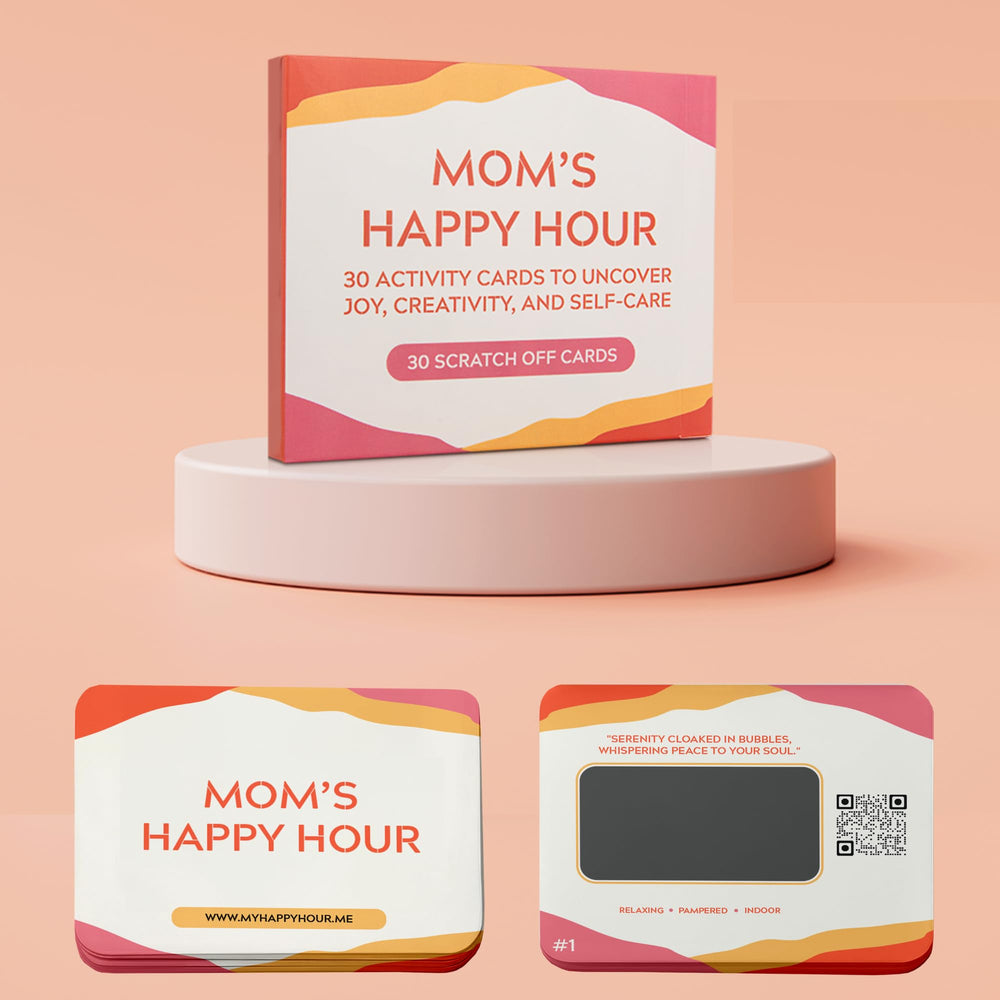 Display of 30 scratch-off activities inspiring mom relaxation and joy.