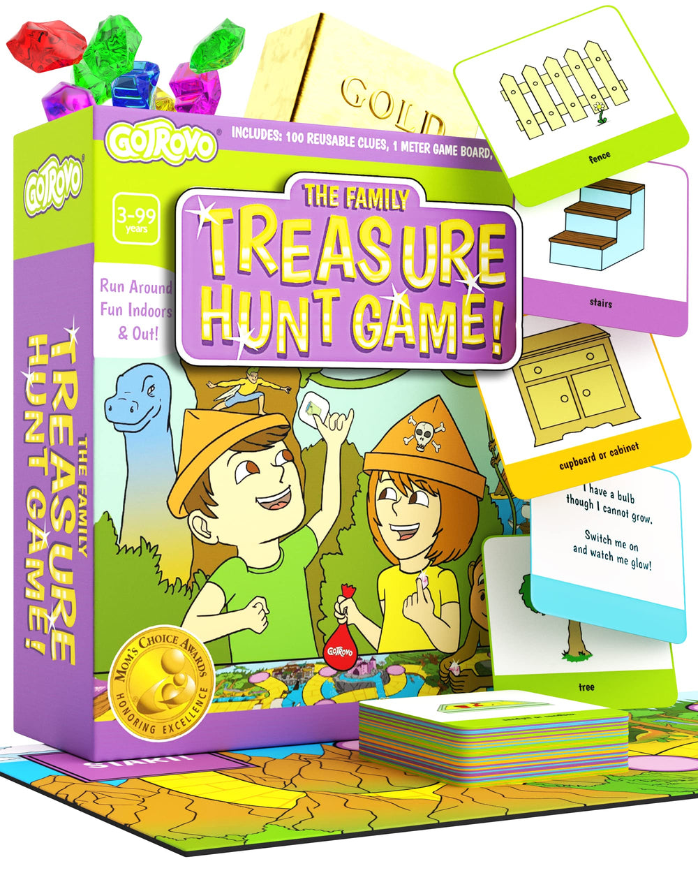 GOTROVO family treasure hunt board game cover; vibrant clues encourage family bonding and imagination.