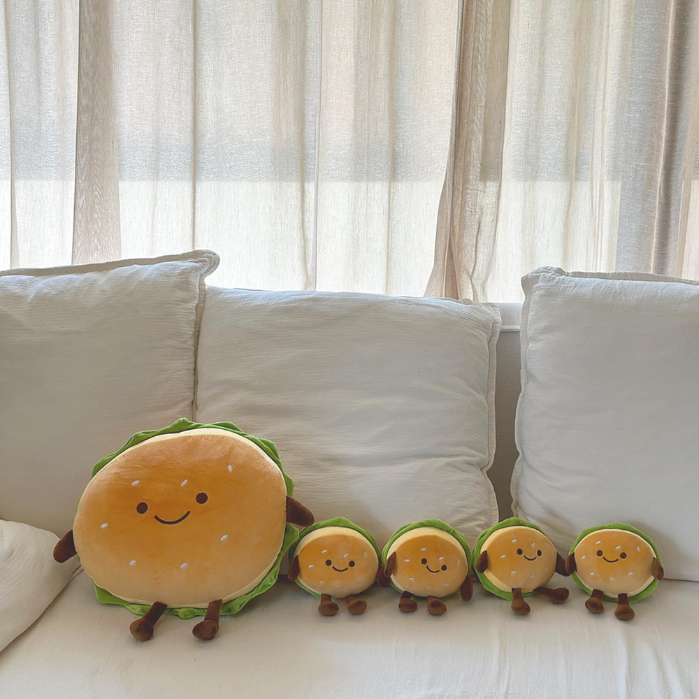 Goylmc Hamburger Plush Toy care details show how to refresh with a dryer.