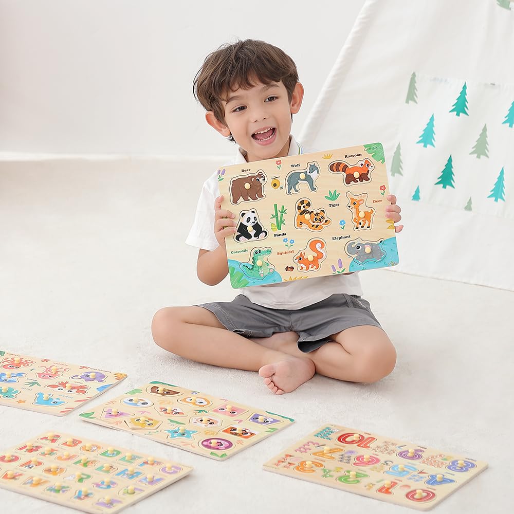GRINNNIE alphabet peg puzzle helps letter recognition with bright visuals.