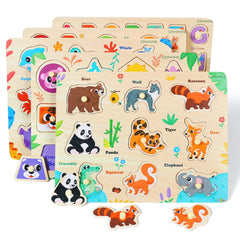 GRINNNIE shape peg puzzle encourages shape matching and problem solving.