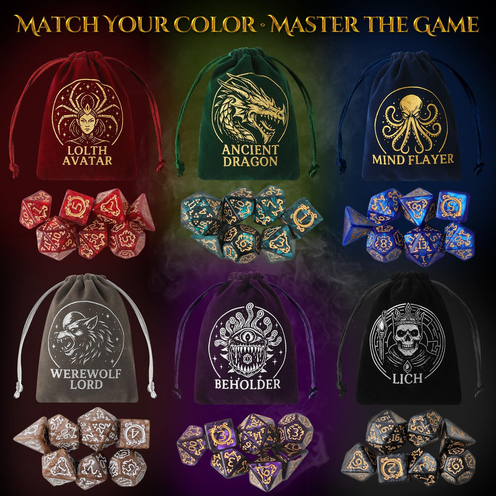 Grajar gold emblem polyhedral dice with high-contrast numerals for clear rolls.