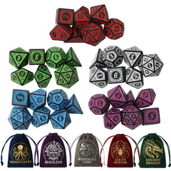 Grajar Vintage Boss dice set with seven polyhedral dice for RPG sessions.