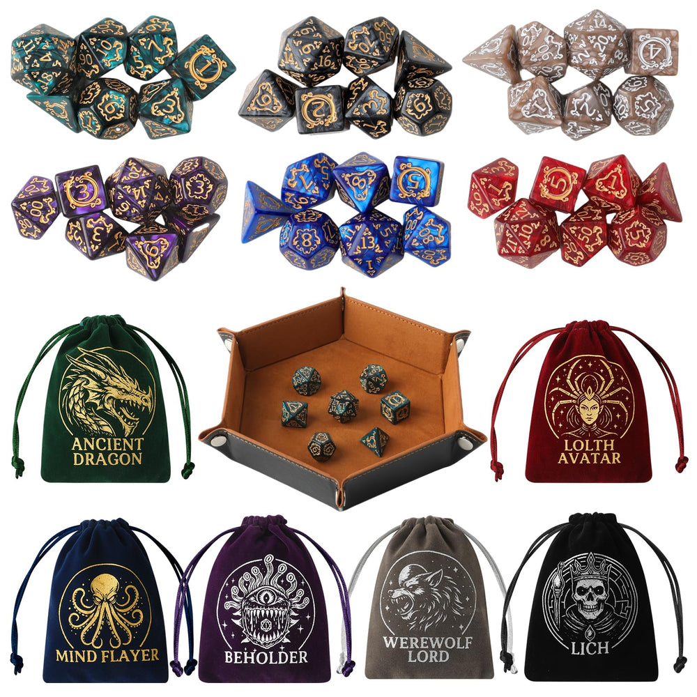 Grajar Vintage Boss Totem dice set with velvet pouches enhances D&D aesthetics.