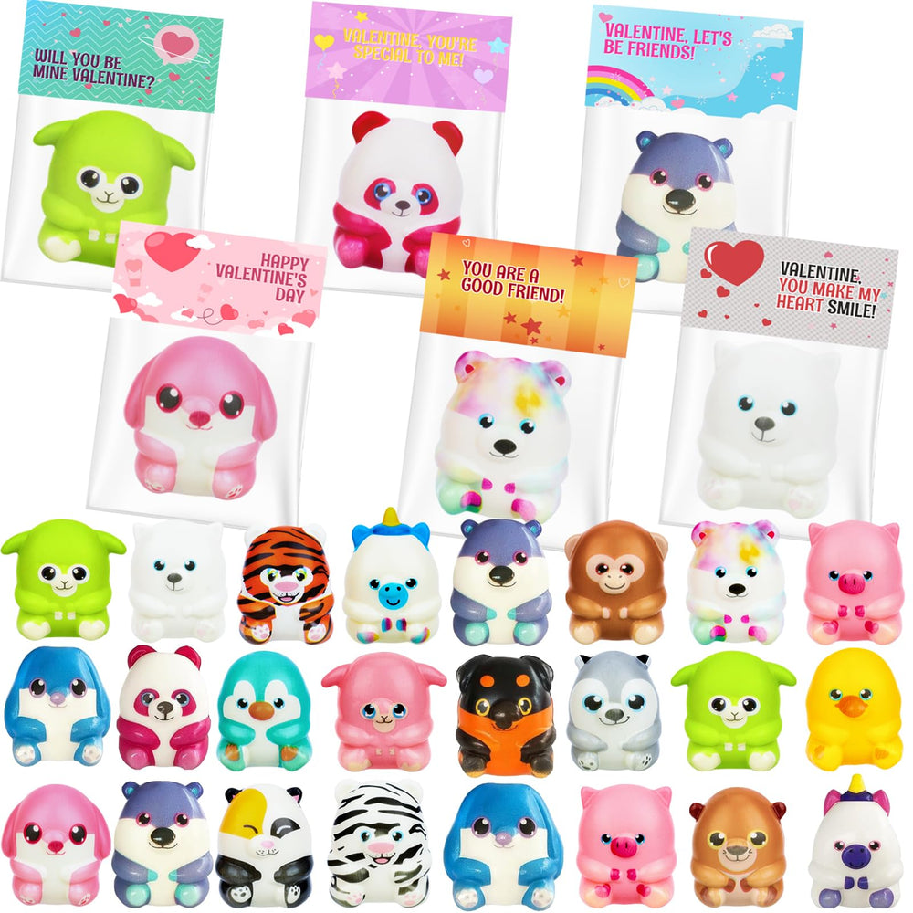 Gralima valentine cards with animal squishy toys for classroom exchanges.