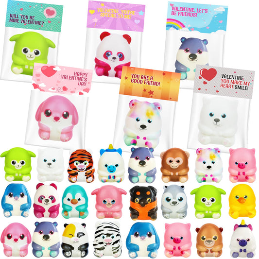 Gralima valentine cards with animal squishy toys for classroom exchanges.