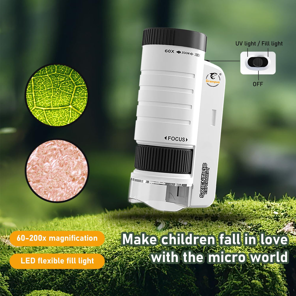 Grampus handheld microscope powered by batteries for on-the-go use.